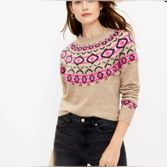 LOFT Sweaters - LOFT Women’s Fair Isle Winter Sweater Soft Cozy Career Camel/Pink Size Medium